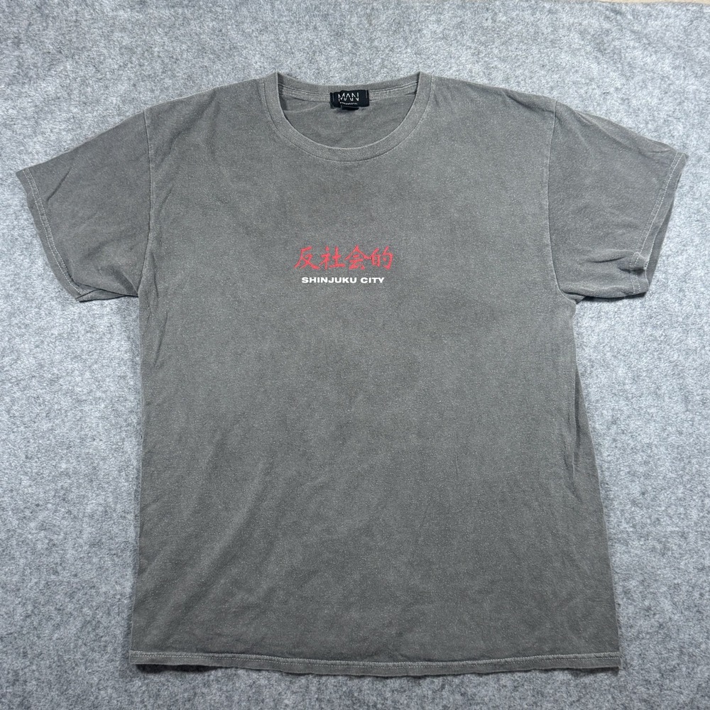 BoohooMAN Shinjuku City Graphic Tee Small Grey Acid Wash Cotton Streetwear